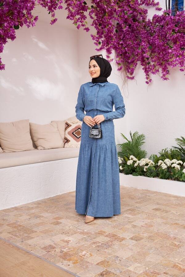 6581-Denim Bel Lastikli Düğmeli Elbise Mavi