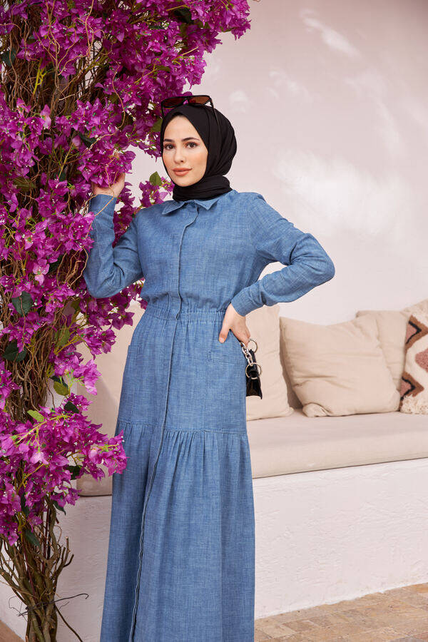 6581-Denim Bel Lastikli Düğmeli Elbise Mavi