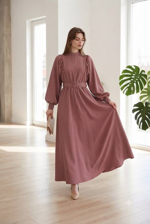 6583-Krep Elbise Gül Kurusu