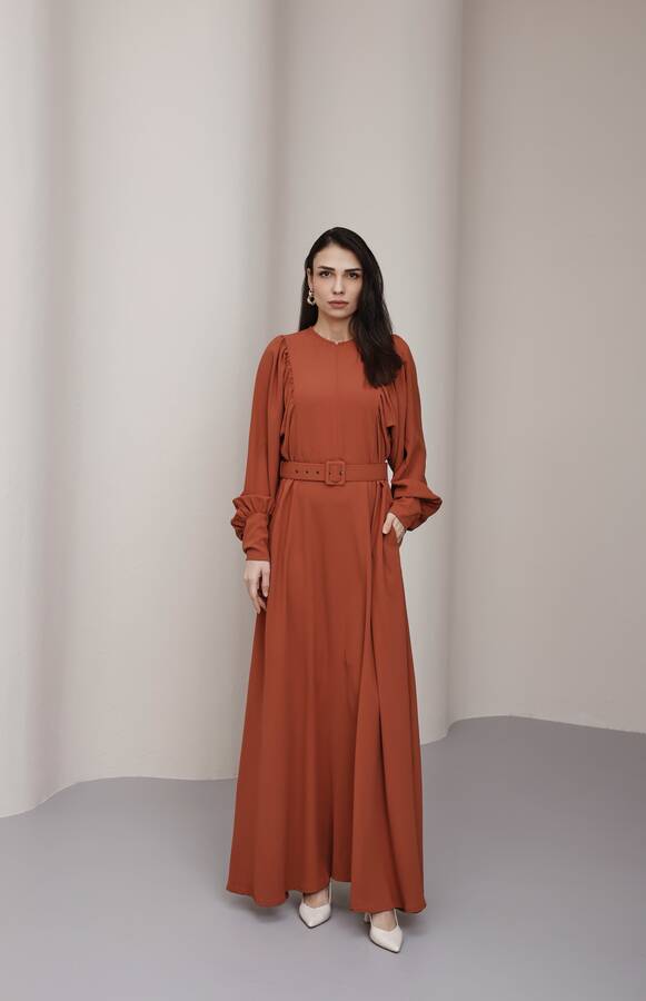 6583-Krep Elbise Taba