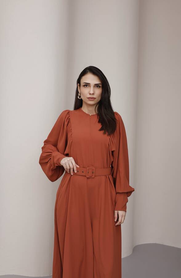 6583-Krep Elbise Taba