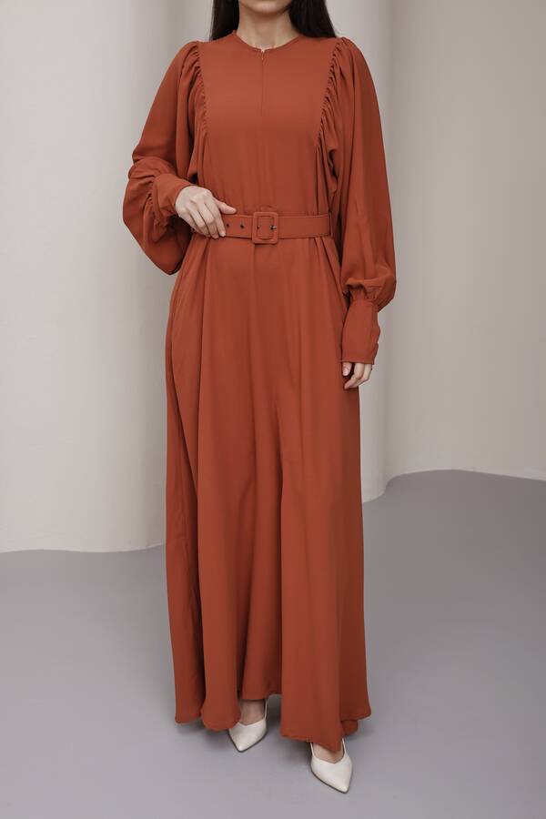 6583-Krep Elbise Taba