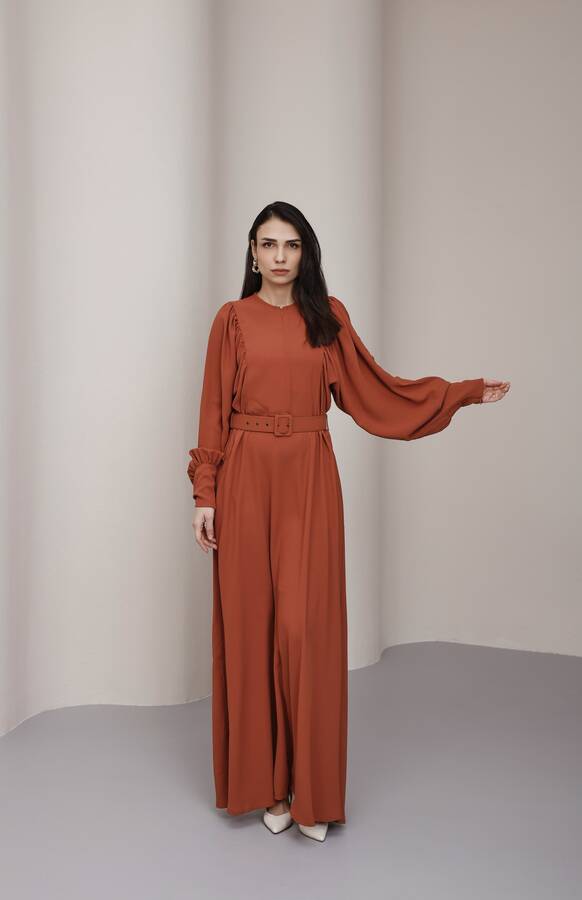 6583-Krep Elbise Taba