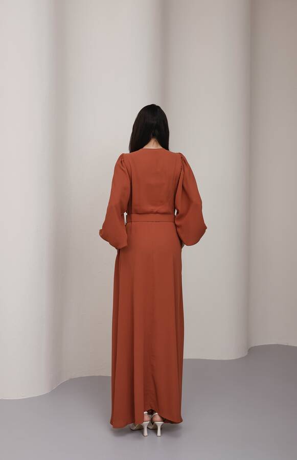 6583-Krep Elbise Taba