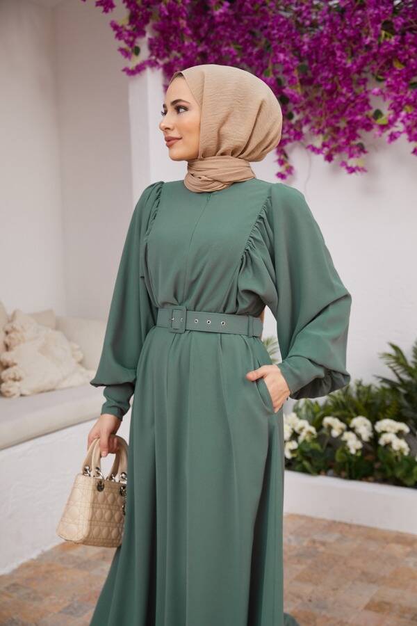 6583-Krep Elbise Mint Yeşili