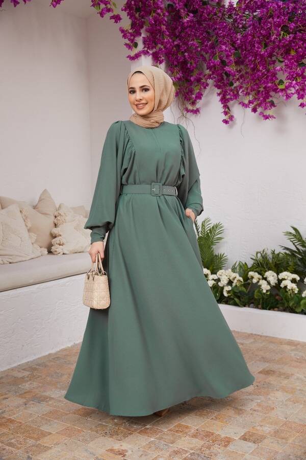 6583-Krep Elbise Mint Yeşili