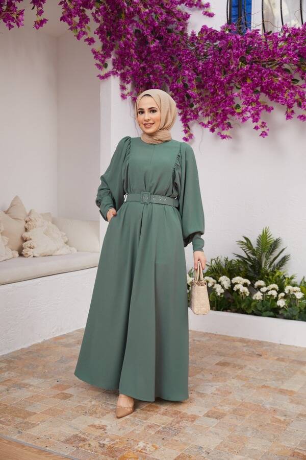 6583-Krep Elbise Mint Yeşili
