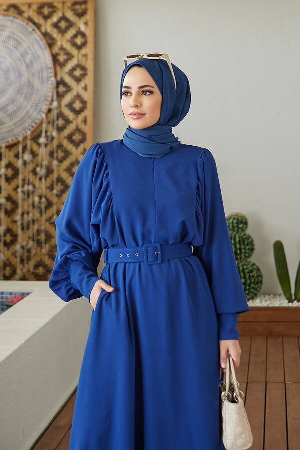 6583-Krep Elbise Saks Mavisi