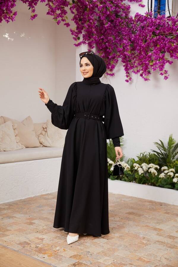 6583-Krep Elbise Siyah
