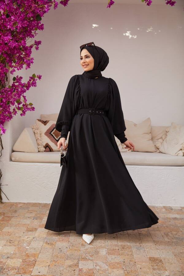 6583-Krep Elbise Siyah