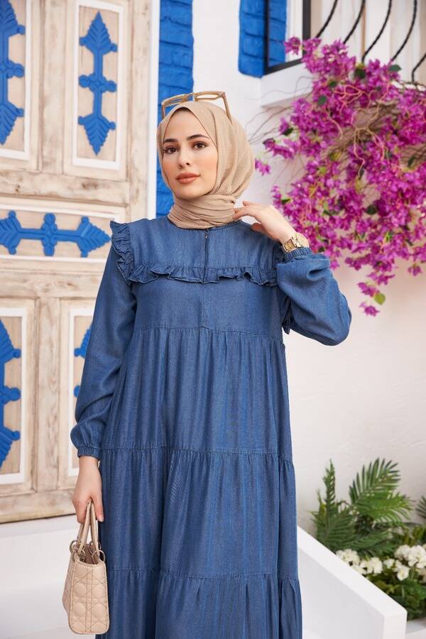 6584-Denim Büzgülü Elbise Koyu Mavi