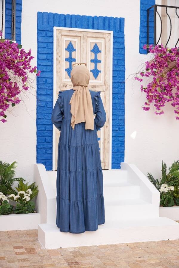 6584-Denim Büzgülü Elbise Koyu Mavi