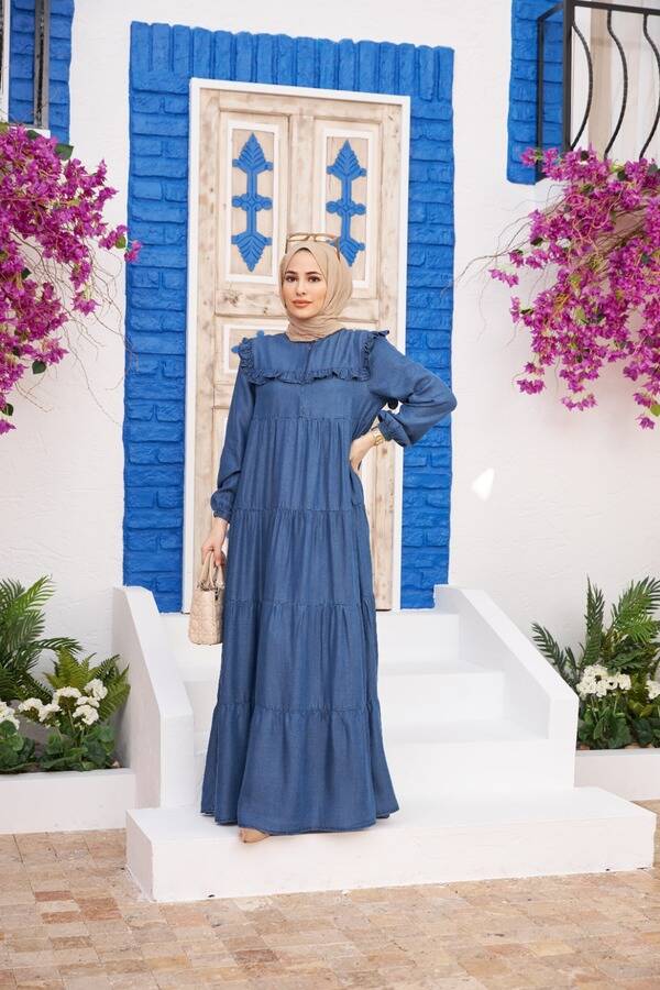 6584-Denim Büzgülü Elbise Koyu Mavi