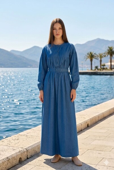 Neways - 6586-Denim Büzgülü Elbise Koyu Mavi