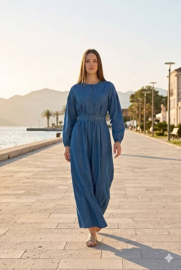 6586-Denim Büzgülü Elbise Koyu Mavi