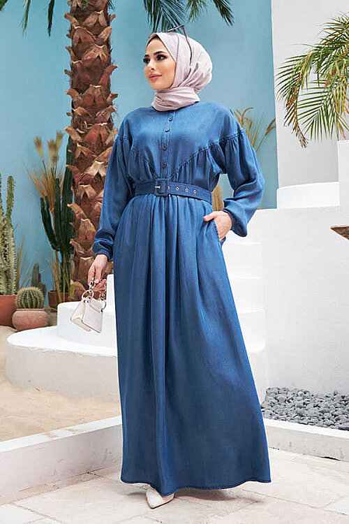 6586-Denim Büzgülü  Elbise Koyu Mavi - 4