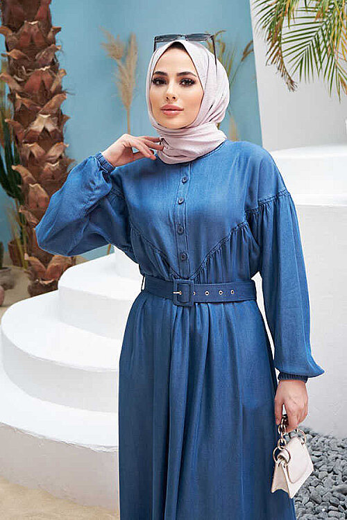 6586-Denim Büzgülü  Elbise Koyu Mavi - 5