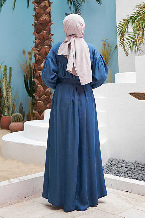 6586-Denim Büzgülü  Elbise Koyu Mavi - 6