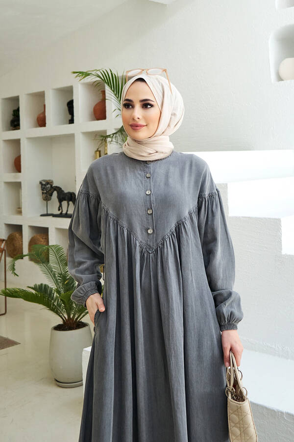 6586-Denim Büzgülü Elbise Gri