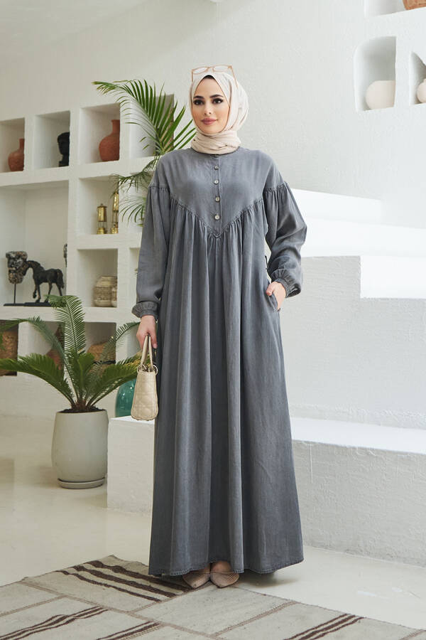 6586-Denim Büzgülü Elbise Gri