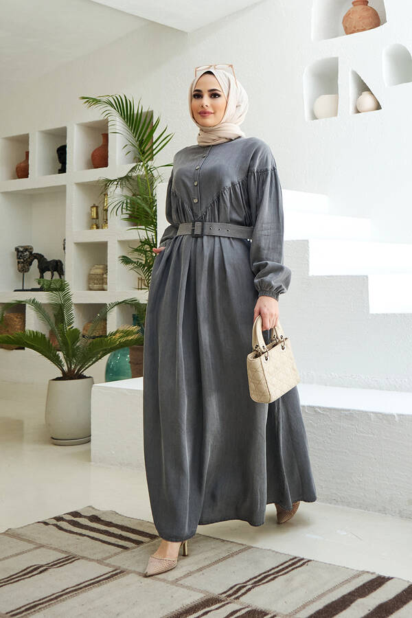 6586-Denim Büzgülü Elbise Gri