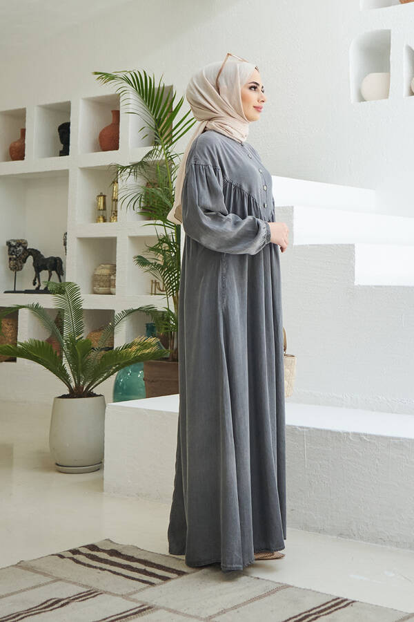 6586-Denim Büzgülü Elbise Gri