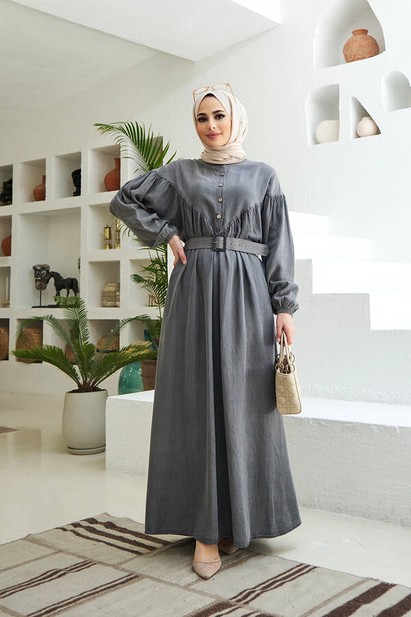 6586-Denim Büzgülü Elbise Gri