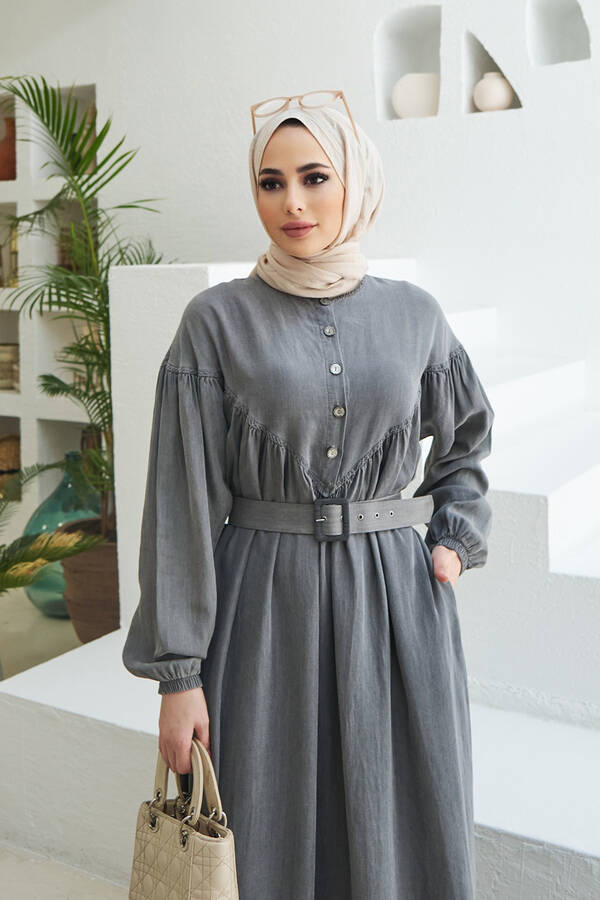 6586-Denim Büzgülü Elbise Gri