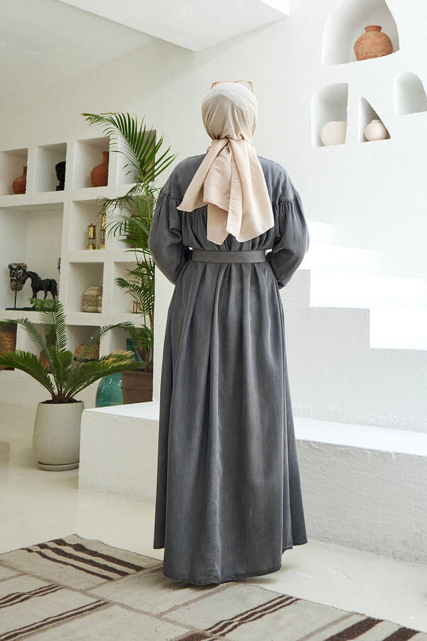 6586-Denim Büzgülü Elbise Gri