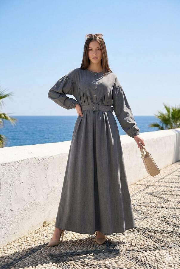 6586-Denim Büzgülü Elbise Gri