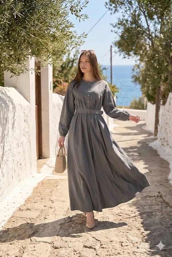6586-Denim Büzgülü Elbise Gri