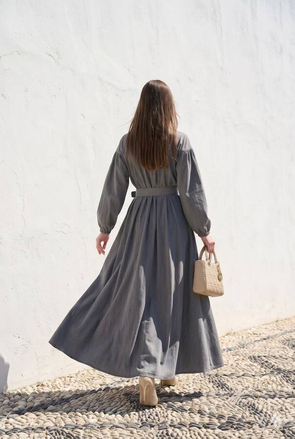 6586-Denim Büzgülü Elbise Gri