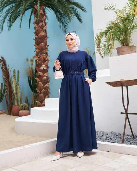 Neways - 6586-Krep Büzgülü Elbise Saks Mavisi