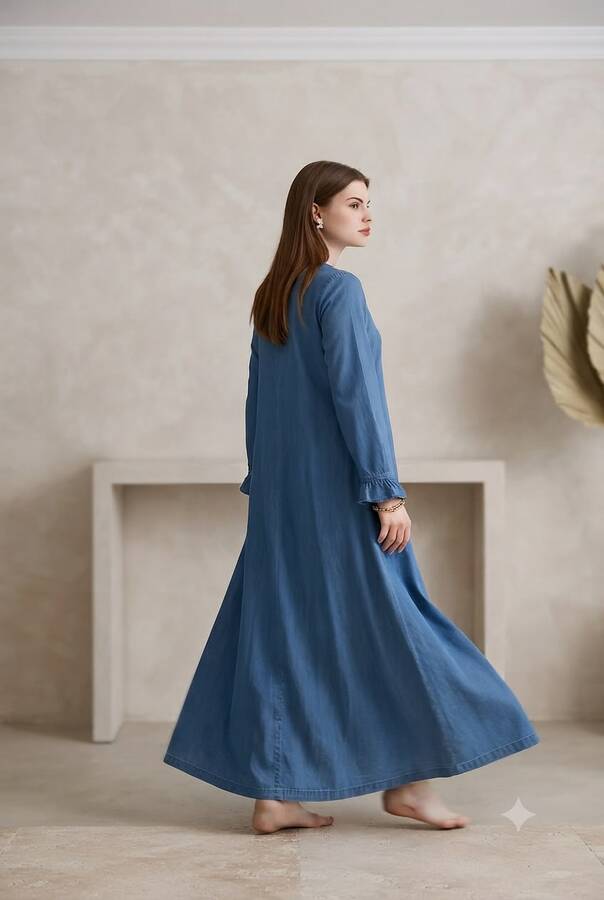 6587-Denim Düğmeli Kolları Fırfırlı Ferace Koyu Mavi