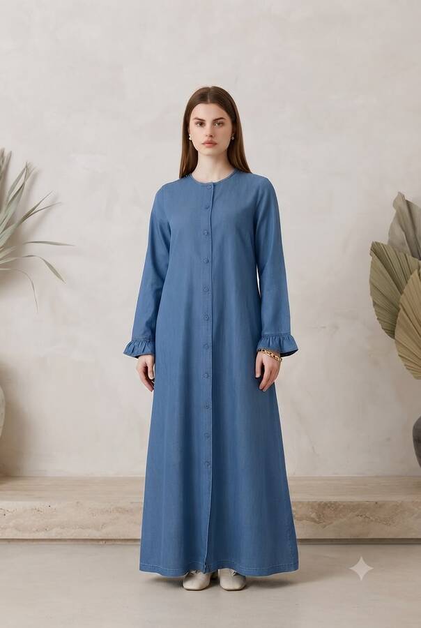 6587-Denim Düğmeli Kolları Fırfırlı Ferace Koyu Mavi