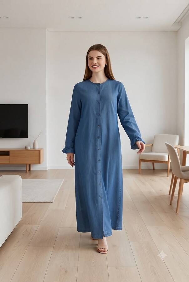 6587-Denim Düğmeli Kolları Fırfırlı Ferace Koyu Mavi