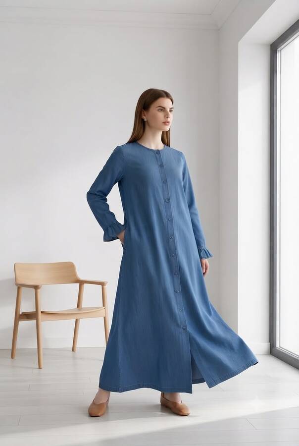 6587-Denim Düğmeli Kolları Fırfırlı Ferace Koyu Mavi