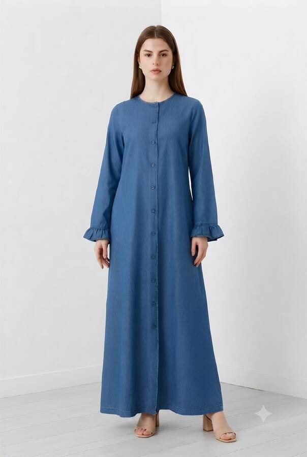 6587-Denim Düğmeli Kolları Fırfırlı Ferace Koyu Mavi