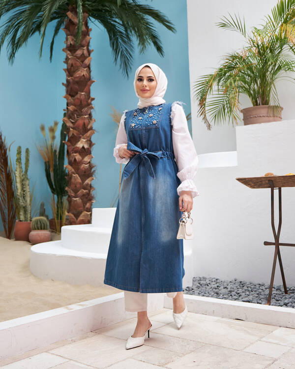 6588-Denim Süs Kuşaklı Yelek Koyu Mavi