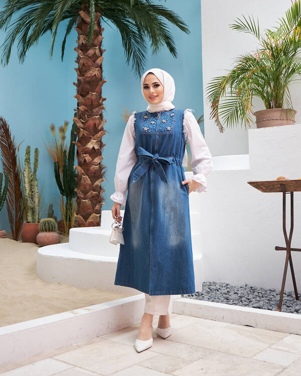 6588-Denim Süs Kuşaklı Yelek Koyu Mavi