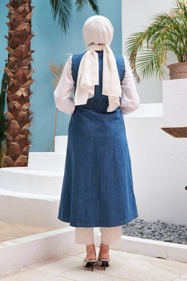 6588-Denim Süs Kuşaklı Yelek Koyu Mavi