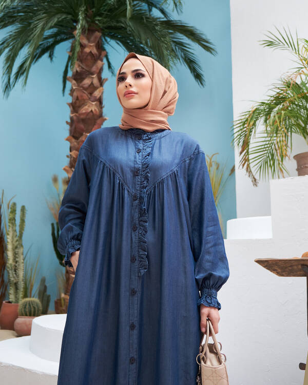 6589-Denim Ön Fırfrırlı Düğmeli Ferace Koyu Mavi