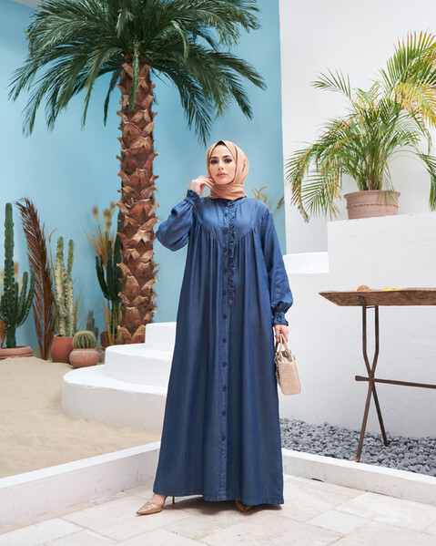 Neways - 6589-Denim Ön Fırfrırlı Düğmeli Ferace Koyu Mavi