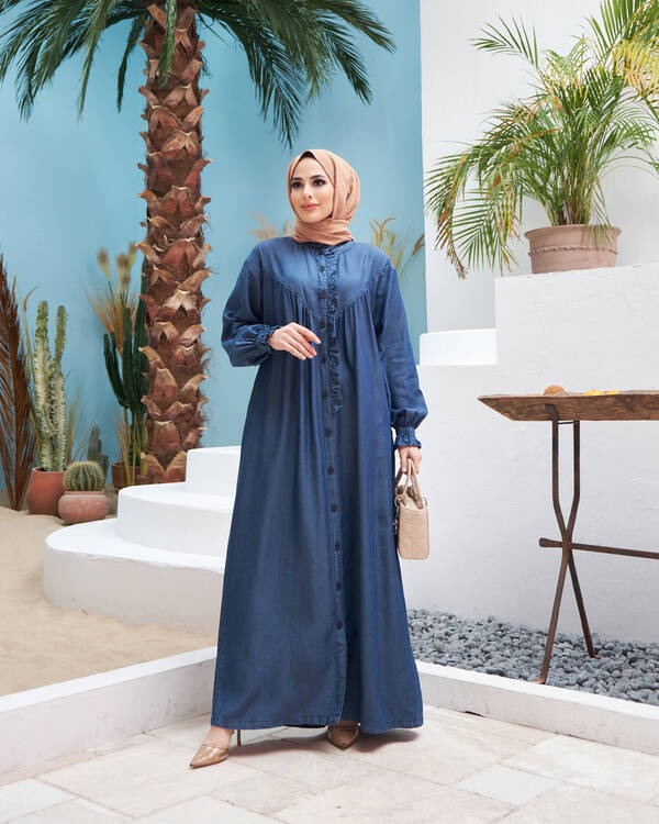 6589-Denim Ön Fırfrırlı Düğmeli Ferace Koyu Mavi