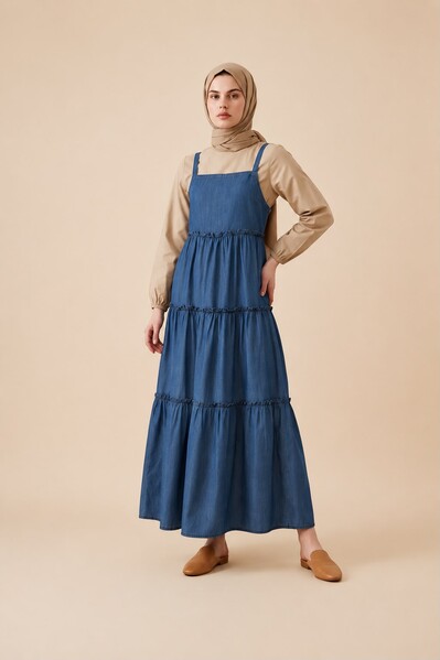 Neways - 6592-Denim Büzgülü Askılı Jile Koyu Mavi