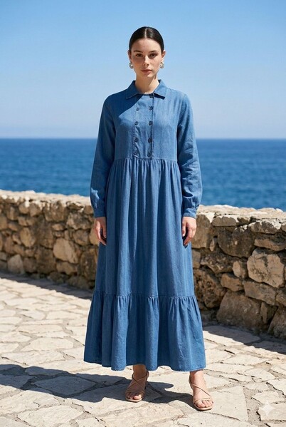 Neways - 6593- Denim Tensel Elbise Koyu Mavi