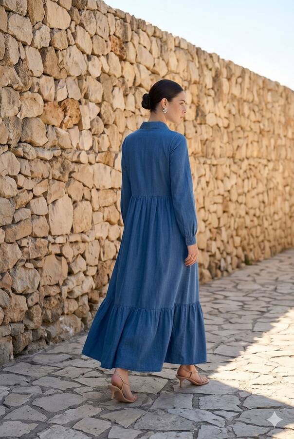 6593- Denim Tensel Elbise Koyu Mavi
