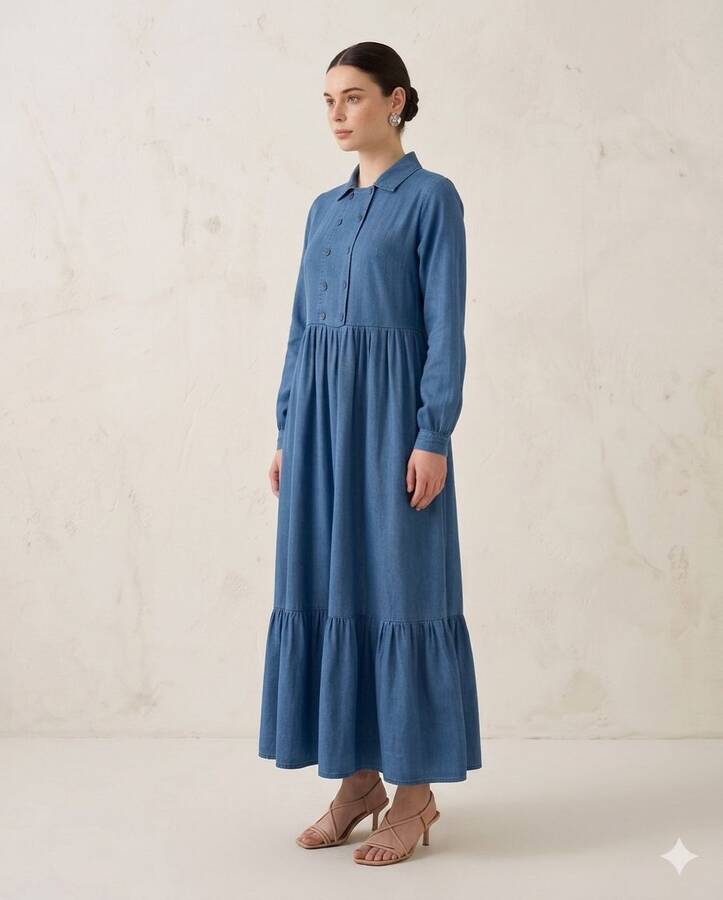 6593- Denim Tensel Elbise Koyu Mavi