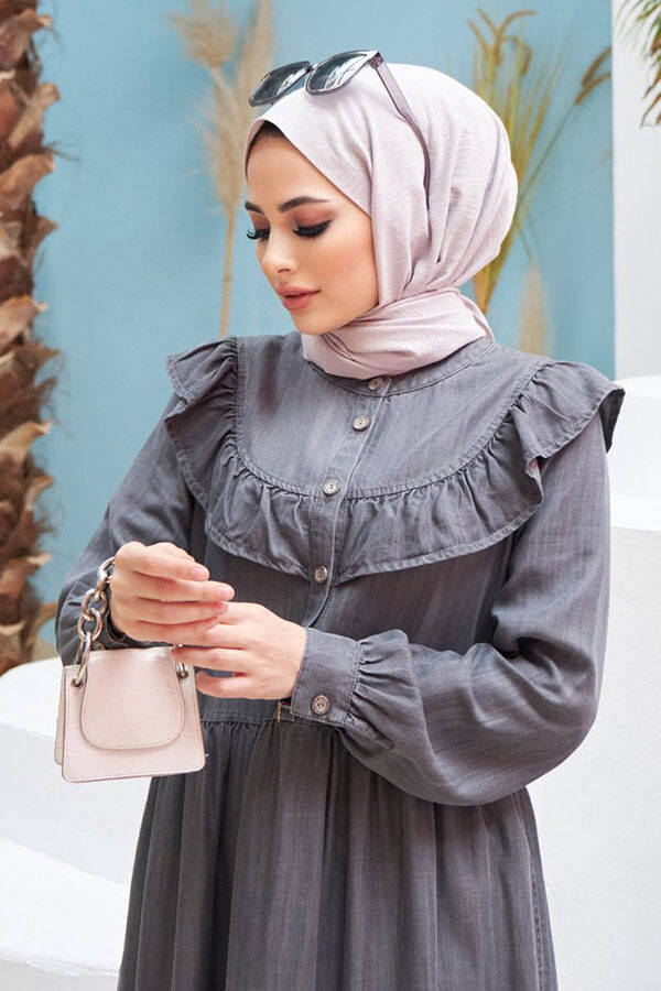 6594-Denim Fırfırlı Tensel Elbise Gri