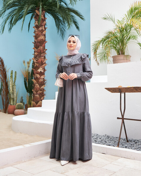 Neways - 6594-Denim Fırfırlı Tensel Elbise Gri